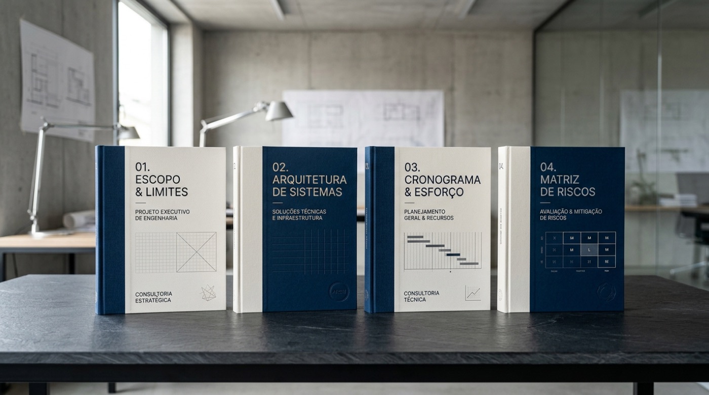 Ilustração dos quatro entregáveis do discovery: escopo e limites, arquitetura de sistemas, cronograma e esforço, e matriz de riscos